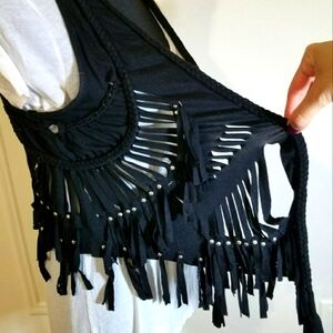 Audrey Ann - Black shredded fringe studded vest Tank Top Rocker Punk Boho